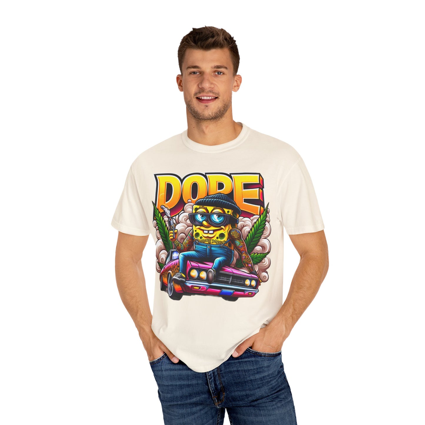Dope Spongebob Unisex Garment-Dyed T-Shirt, Streetwear Tee, Artist T-Shirt, Casual Fashion, Gift for Anime Fans, Summer Vibes, Cannabis, 420