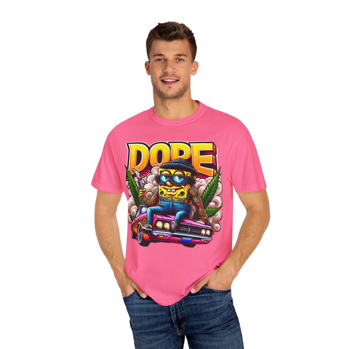 Dope Spongebob Unisex Garment-Dyed T-Shirt, Streetwear Tee, Artist T-Shirt, Casual Fashion, Gift for Anime Fans, Summer Vibes, Cannabis, 420