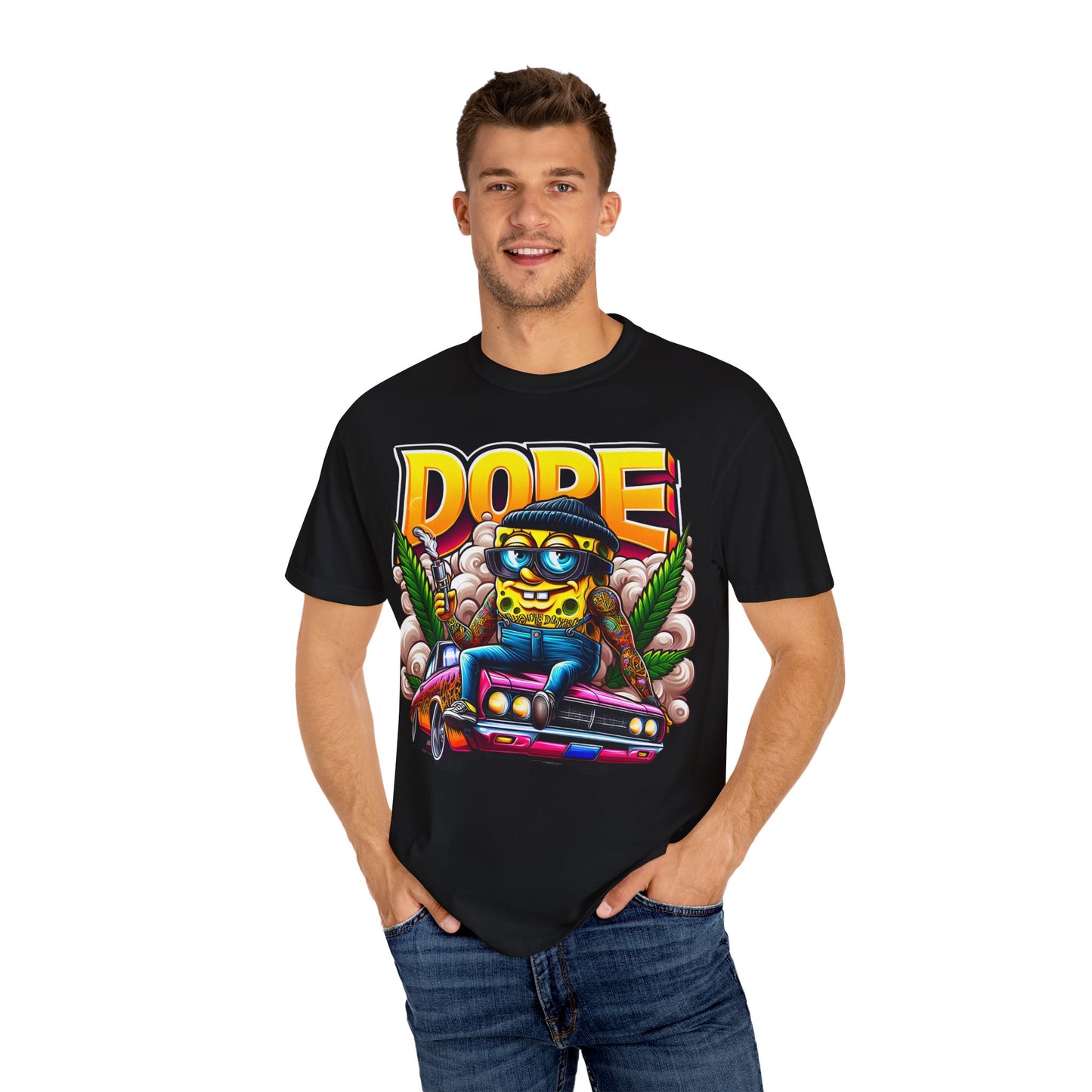 Dope Spongebob Unisex Garment-Dyed T-Shirt, Streetwear Tee, Artist T-Shirt, Casual Fashion, Gift for Anime Fans, Summer Vibes, Cannabis, 420