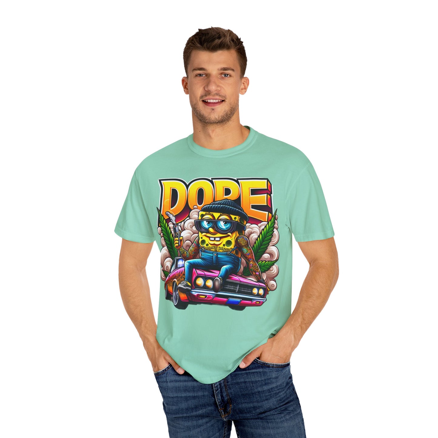 Dope Spongebob Unisex Garment-Dyed T-Shirt, Streetwear Tee, Artist T-Shirt, Casual Fashion, Gift for Anime Fans, Summer Vibes, Cannabis, 420