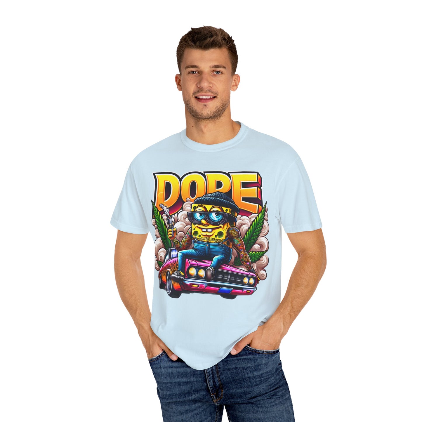 Dope Spongebob Unisex Garment-Dyed T-Shirt, Streetwear Tee, Artist T-Shirt, Casual Fashion, Gift for Anime Fans, Summer Vibes, Cannabis, 420
