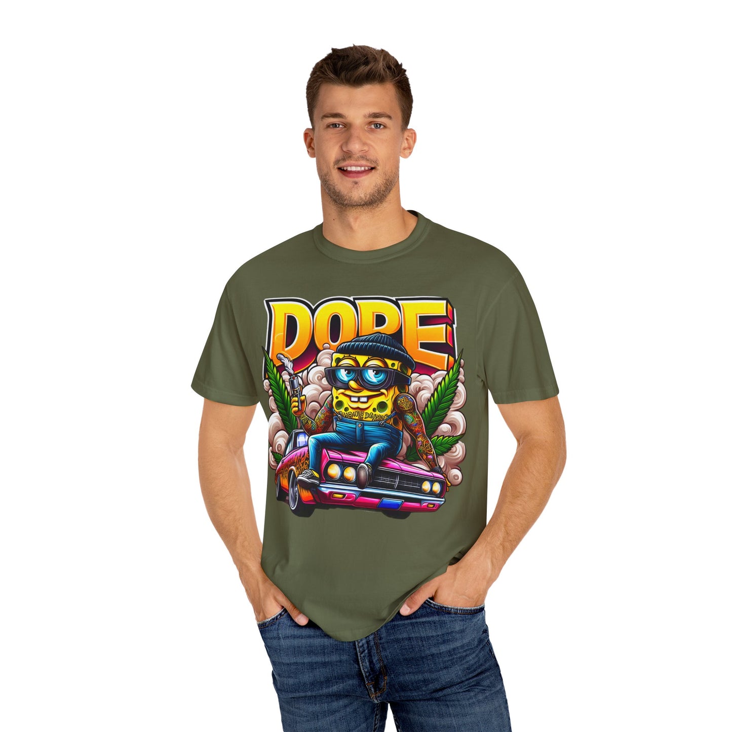 Dope Spongebob Unisex Garment-Dyed T-Shirt, Streetwear Tee, Artist T-Shirt, Casual Fashion, Gift for Anime Fans, Summer Vibes, Cannabis, 420