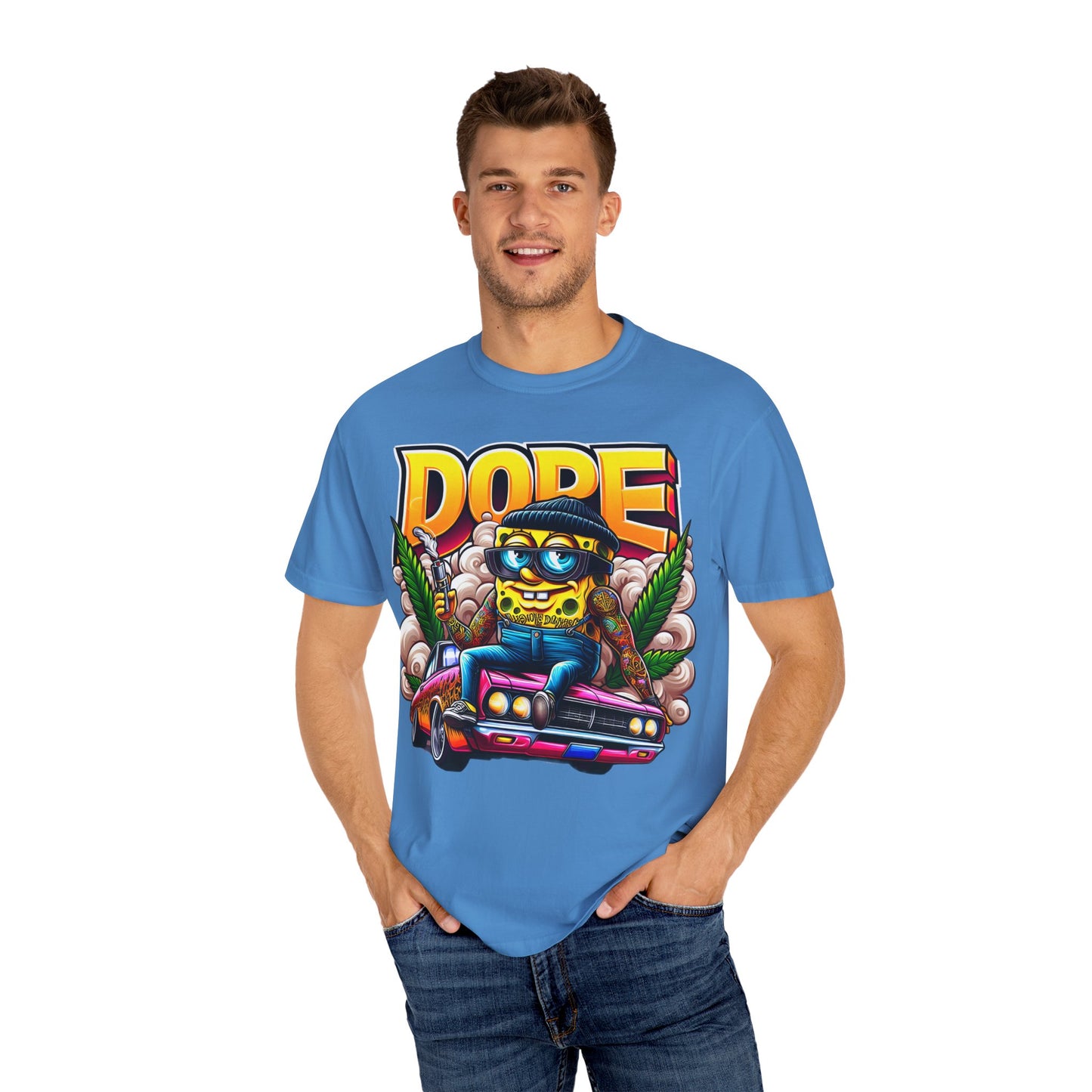 Dope Spongebob Unisex Garment-Dyed T-Shirt, Streetwear Tee, Artist T-Shirt, Casual Fashion, Gift for Anime Fans, Summer Vibes, Cannabis, 420