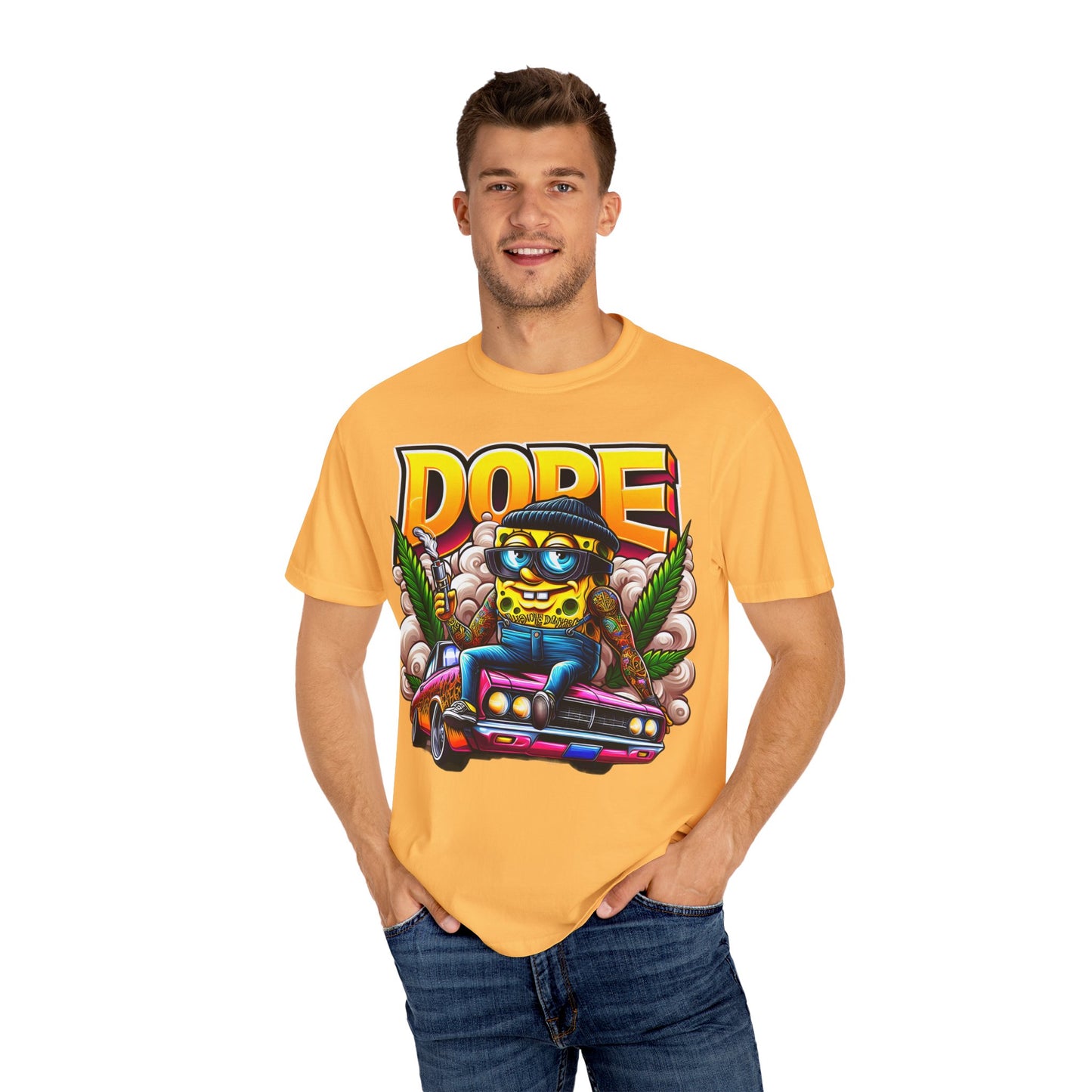 Dope Spongebob Unisex Garment-Dyed T-Shirt, Streetwear Tee, Artist T-Shirt, Casual Fashion, Gift for Anime Fans, Summer Vibes, Cannabis, 420