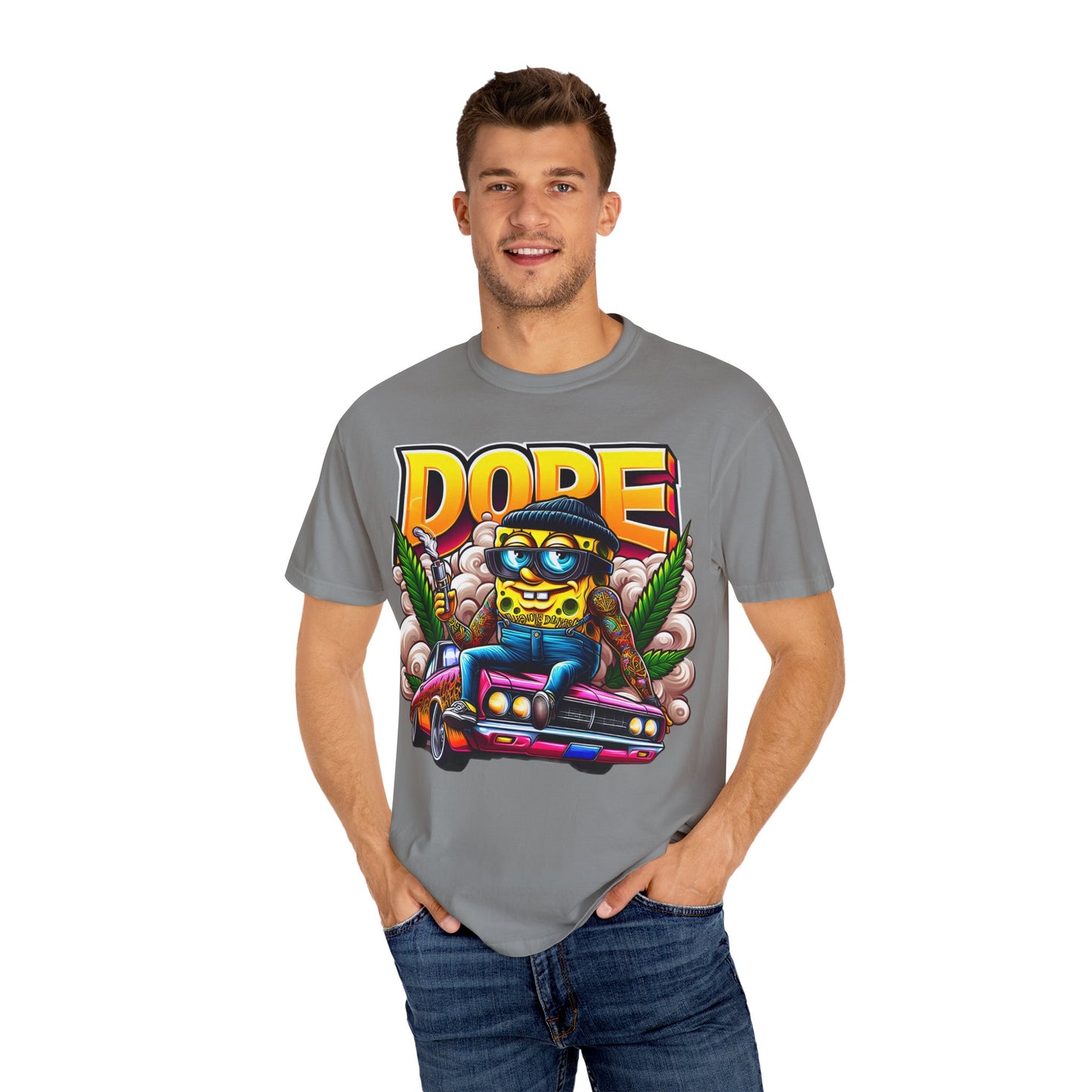Dope Spongebob Unisex Garment-Dyed T-Shirt, Streetwear Tee, Artist T-Shirt, Casual Fashion, Gift for Anime Fans, Summer Vibes, Cannabis, 420