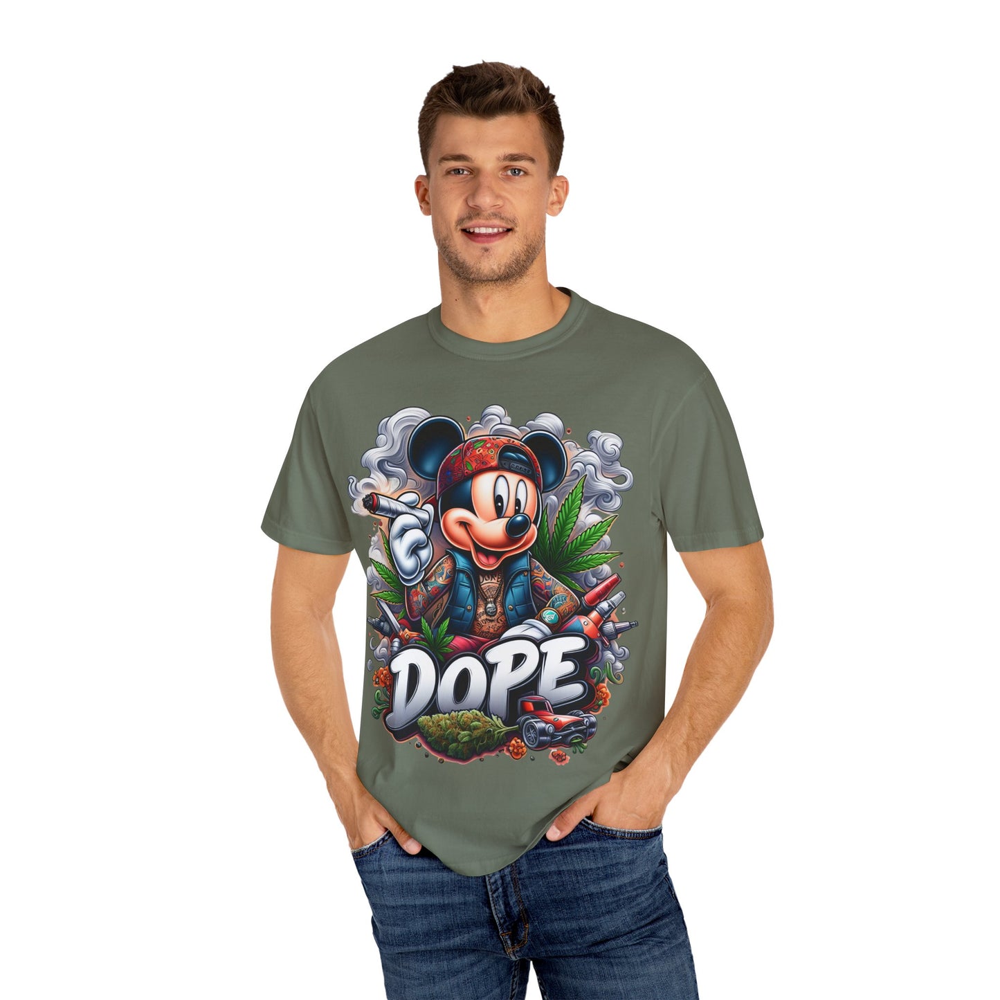 Dope Mickey Mouse Unisex Garment-Dyed T-shirt, Streetwear Tee, Gift for Disney Lovers, Funky Graphic Tee, Casual Wear, 420, Cannabis