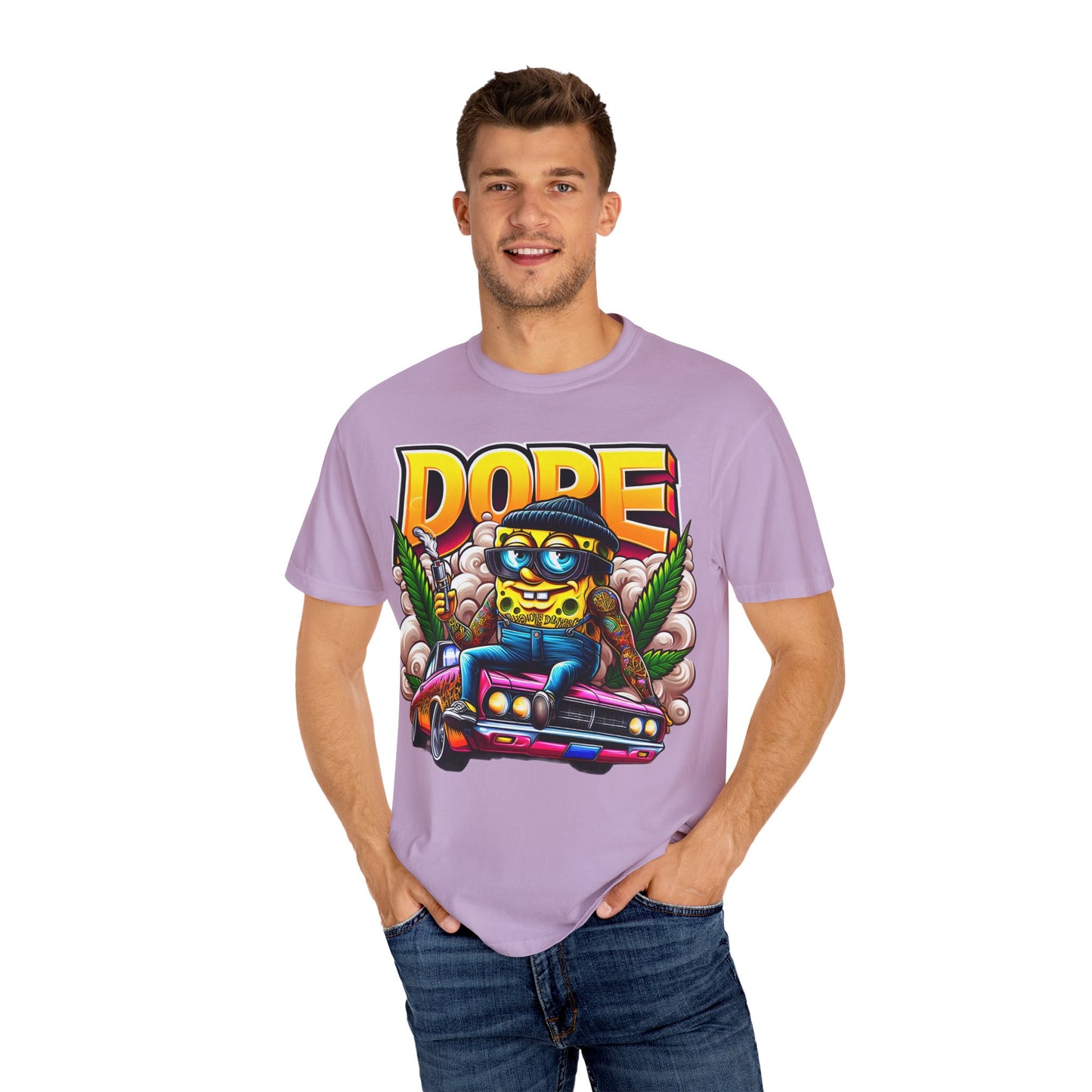 Dope Spongebob Unisex Garment-Dyed T-Shirt, Streetwear Tee, Artist T-Shirt, Casual Fashion, Gift for Anime Fans, Summer Vibes, Cannabis, 420