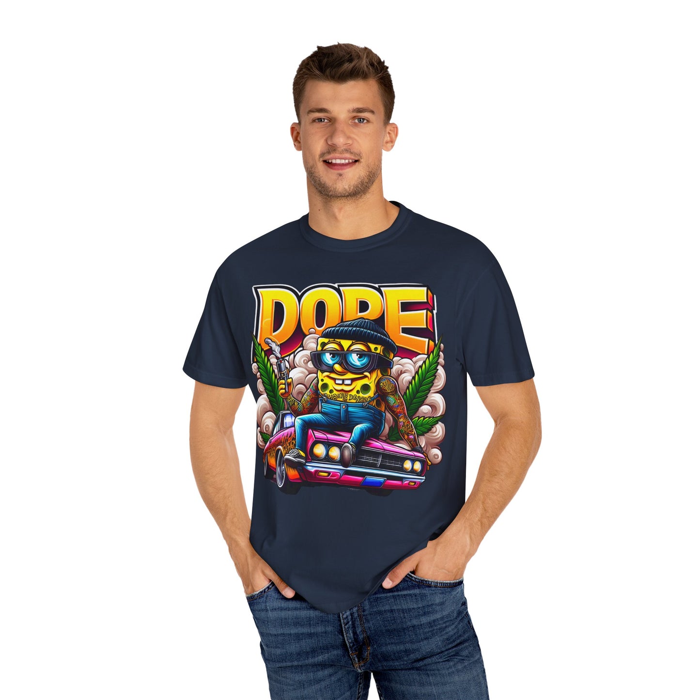 Dope Spongebob Unisex Garment-Dyed T-Shirt, Streetwear Tee, Artist T-Shirt, Casual Fashion, Gift for Anime Fans, Summer Vibes, Cannabis, 420