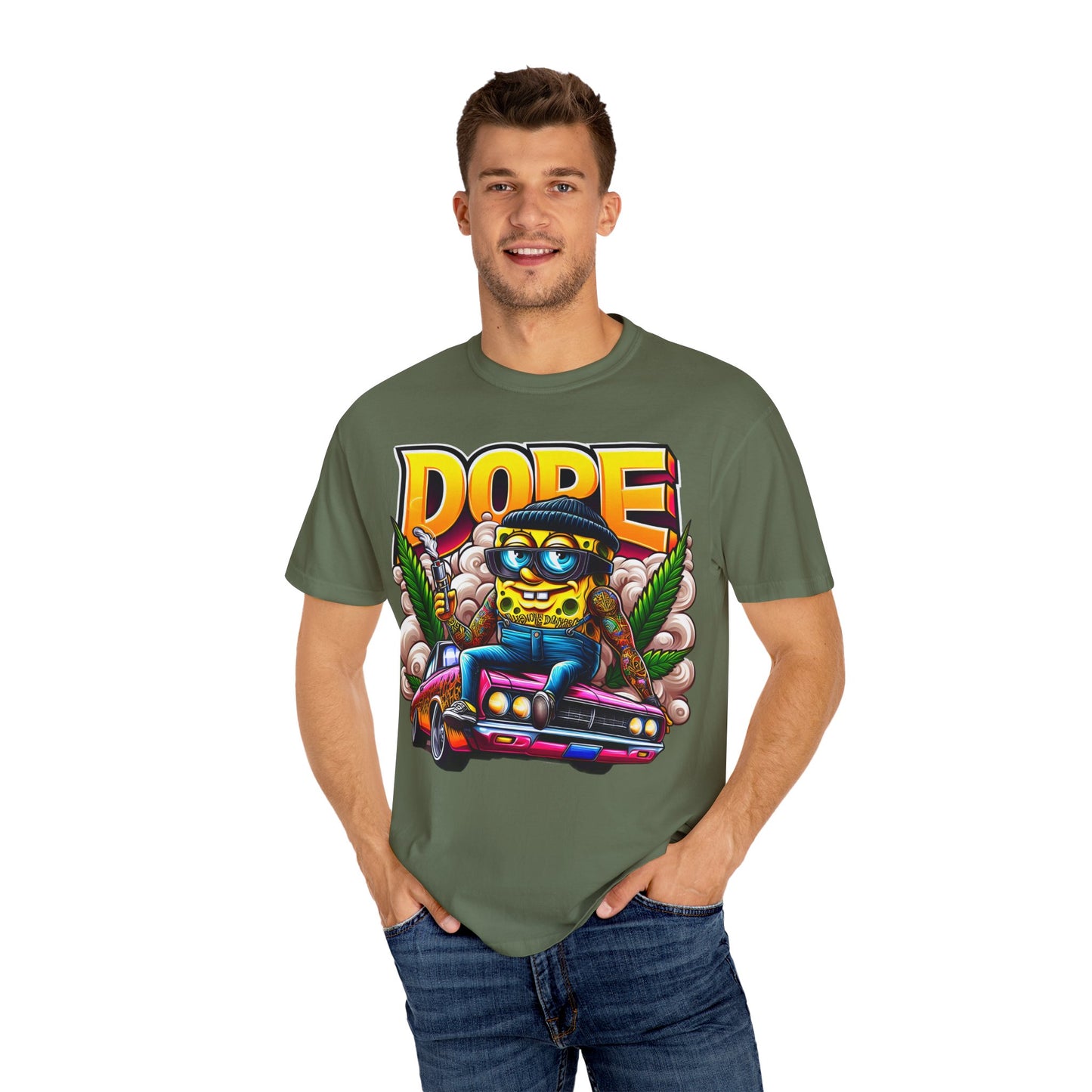 Dope Spongebob Unisex Garment-Dyed T-Shirt, Streetwear Tee, Artist T-Shirt, Casual Fashion, Gift for Anime Fans, Summer Vibes, Cannabis, 420