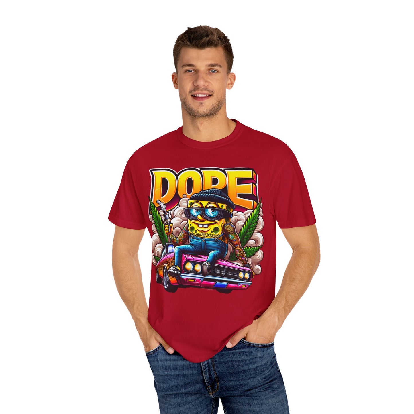 Dope Spongebob Unisex Garment-Dyed T-Shirt, Streetwear Tee, Artist T-Shirt, Casual Fashion, Gift for Anime Fans, Summer Vibes, Cannabis, 420
