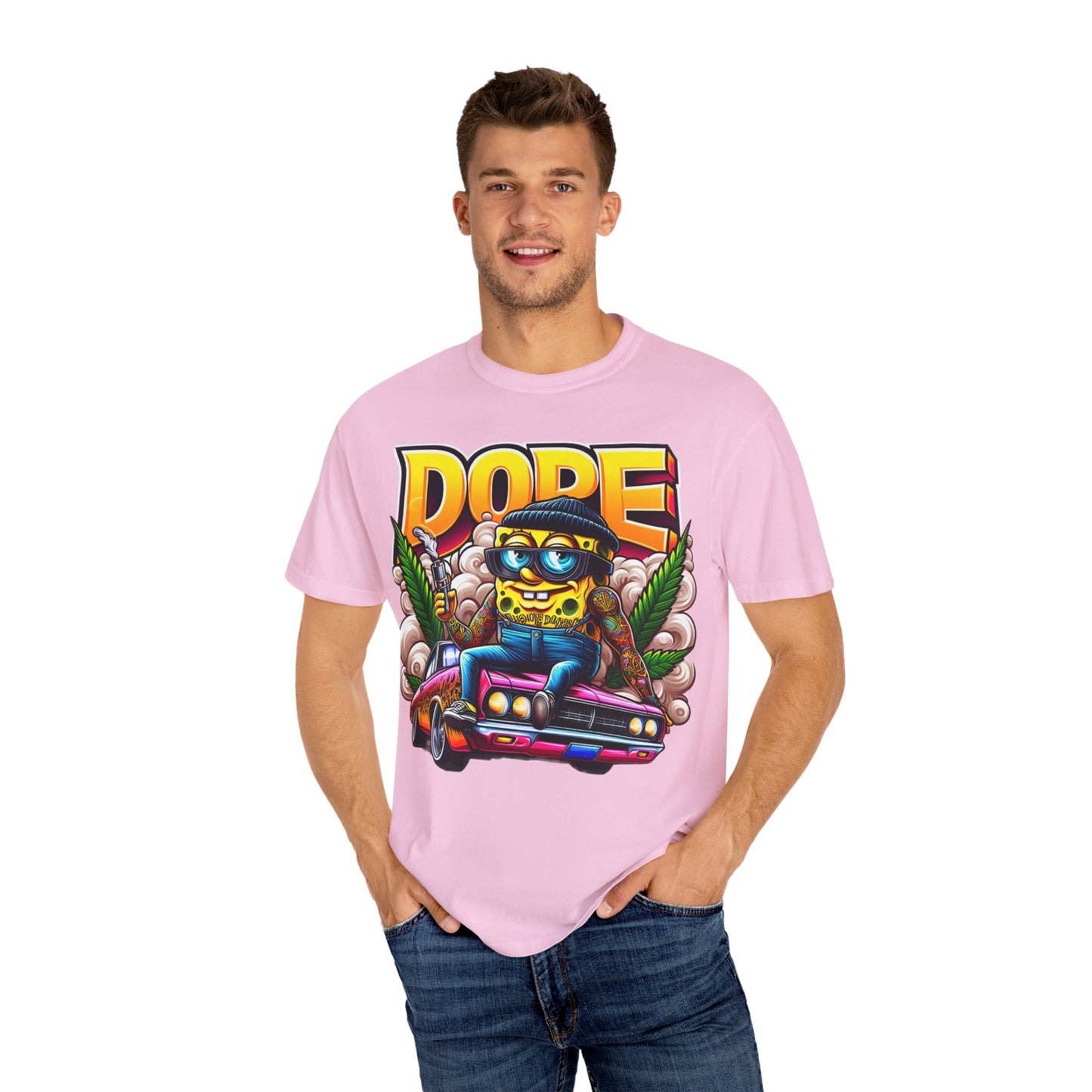 Dope Spongebob Unisex Garment-Dyed T-Shirt, Streetwear Tee, Artist T-Shirt, Casual Fashion, Gift for Anime Fans, Summer Vibes, Cannabis, 420