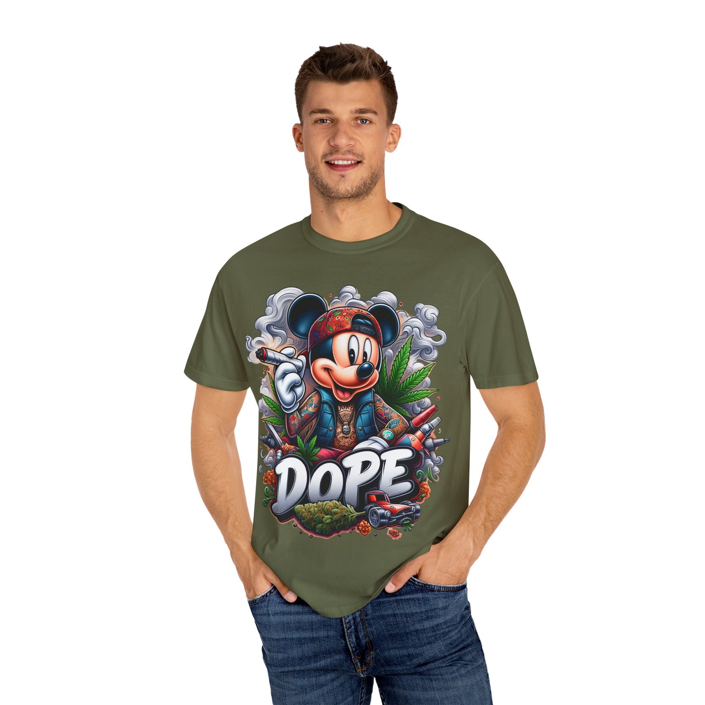 Dope Mickey Mouse Unisex Garment-Dyed T-shirt, Streetwear Tee, Gift for Disney Lovers, Funky Graphic Tee, Casual Wear, 420, Cannabis